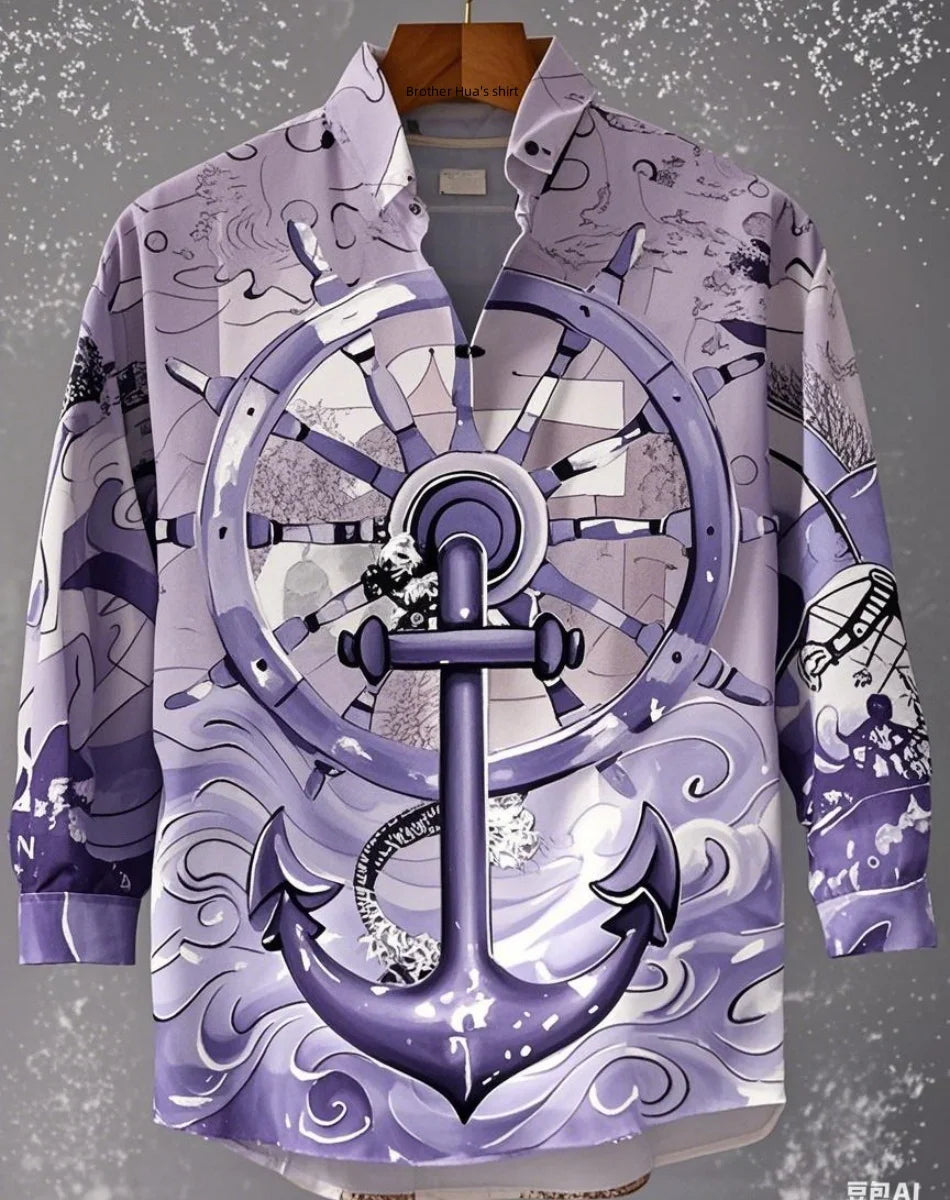 New Men's Shirts: Casual Retro Fish Ripple Artistic Long Sleeve Pocket Shirt Hawaiian Style Printed Shirt Men's Linen Top