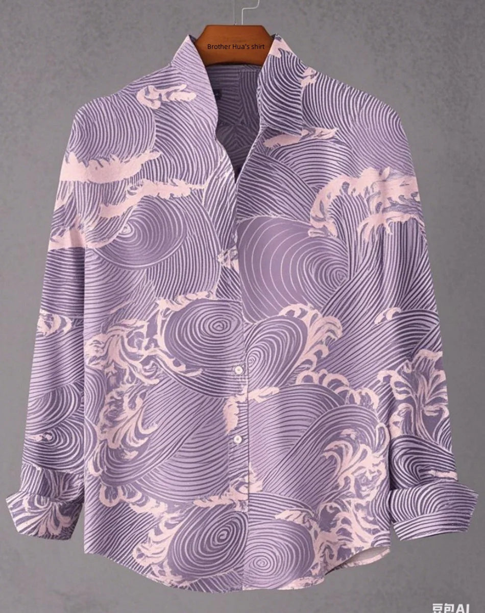New Men's Shirts: Casual Retro Fish Ripple Artistic Long Sleeve Pocket Shirt Hawaiian Style Printed Shirt Men's Linen Top