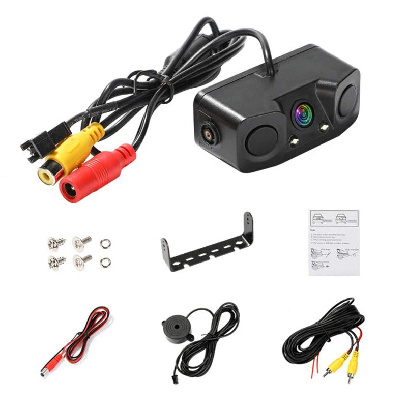 HD Car Rear View Camera 3 in 1 Parking Radar Detector Sensor Waterproof Night Vision LED Light