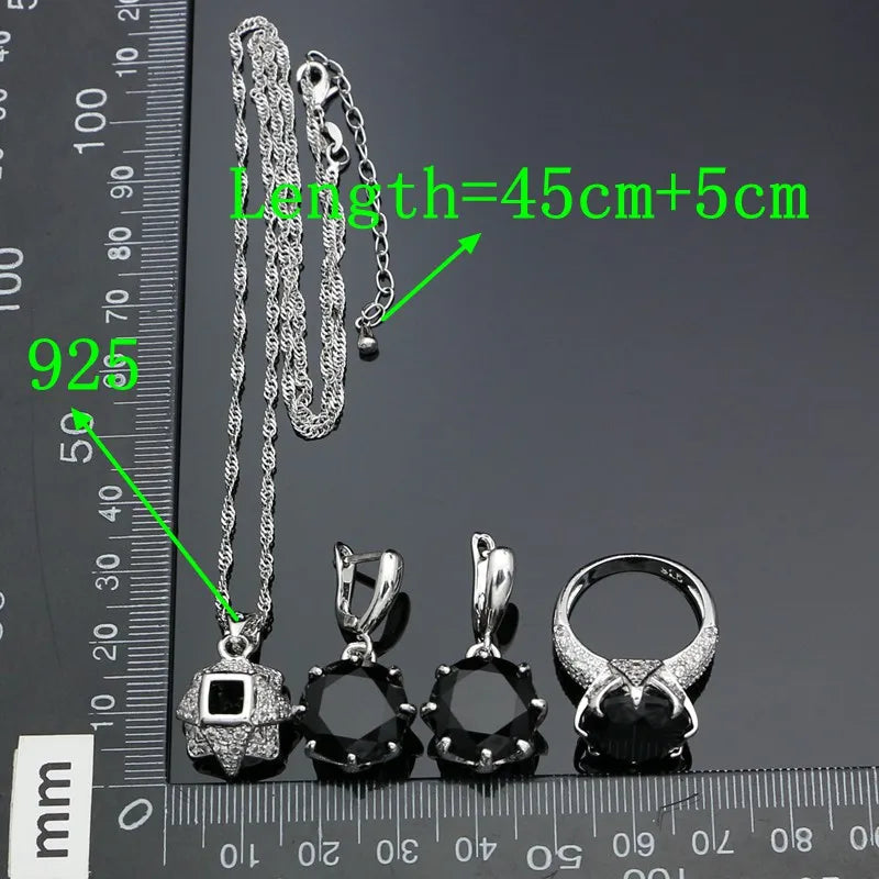 Punk Silver Jewellery Silver 925 Jewelry Sets for Women Black Cubic Zirconia Earrings/Pendant/Necklace/Ring/Bracelet