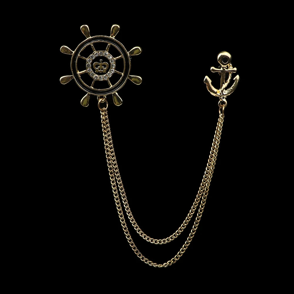 Golden Men Women Tassel Chain Lapel Pin Brooch Wings Crown Sword Scissors Retro Men Gift Wedding Banquet Daily Wear Accessories