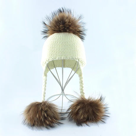 Winter Hat For Kids Real Mink Raccoon Fur Pompom Hat Children Wool Knitted Girls Boys Cap Baby Earflap Skullies Beanies