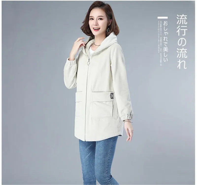 Corduroy Jacket For Women Autumn New Korean 5XL Casual Hooded Middle-aged Mother Windbreaker Coat  2189