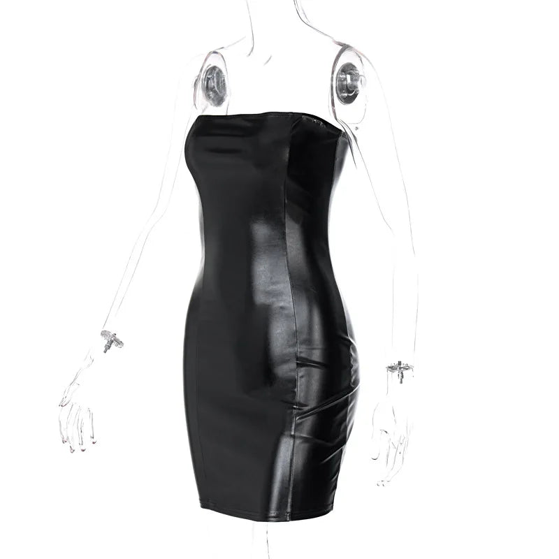 2021 Winter Autumn Women Dresses Solid Sexy Short Party Club Bodycon Strapless Leather Black Mini Dress For Women Female