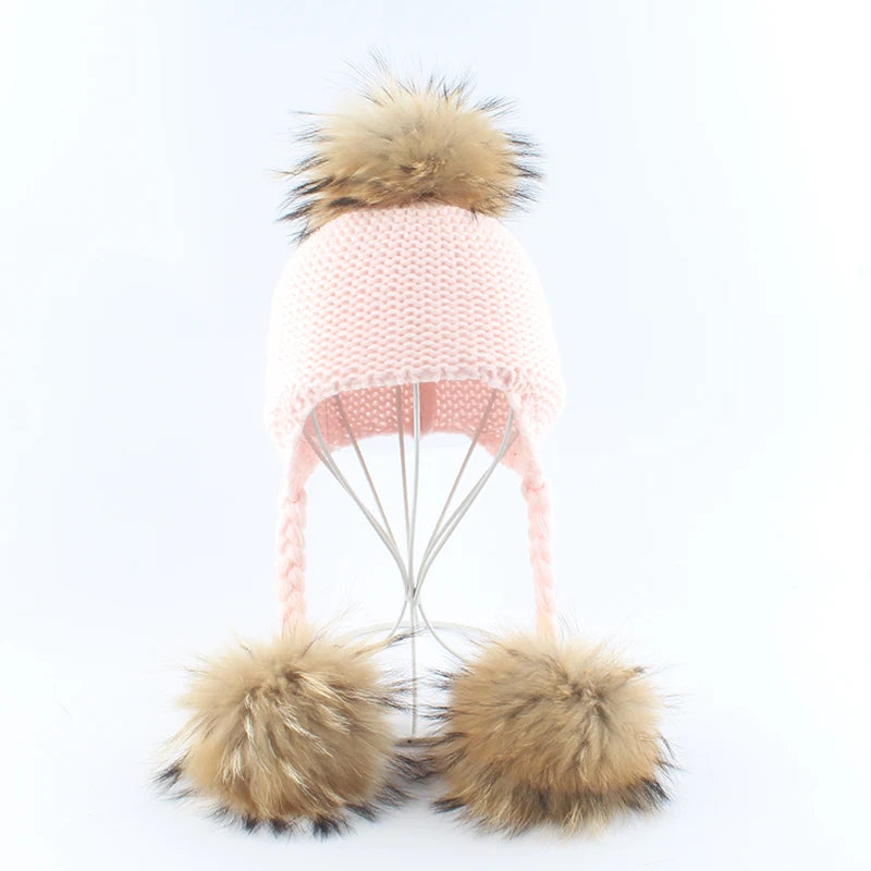 Winter Hat For Kids Real Mink Raccoon Fur Pompom Hat Children Wool Knitted Girls Boys Cap Baby Earflap Skullies Beanies