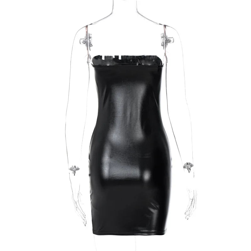 2021 Winter Autumn Women Dresses Solid Sexy Short Party Club Bodycon Strapless Leather Black Mini Dress For Women Female