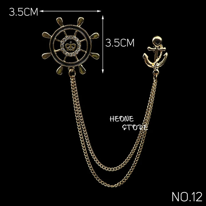 Golden Men Women Tassel Chain Lapel Pin Brooch Wings Crown Sword Scissors Retro Men Gift Wedding Banquet Daily Wear Accessories