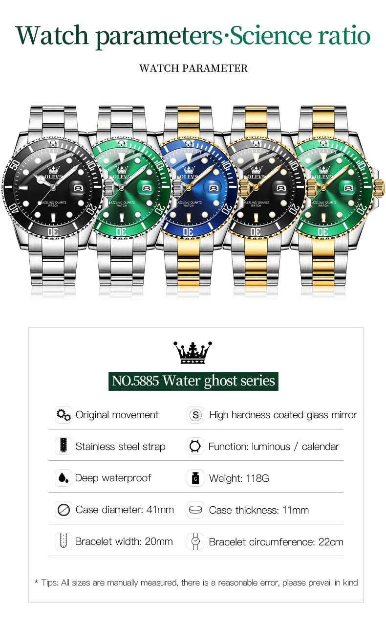 OLEVS Top Brand Men's Watch Quartz Stainless Steel Green Watches for Men Luxury Business Luminous Waterproof Wristwatch Reloj
