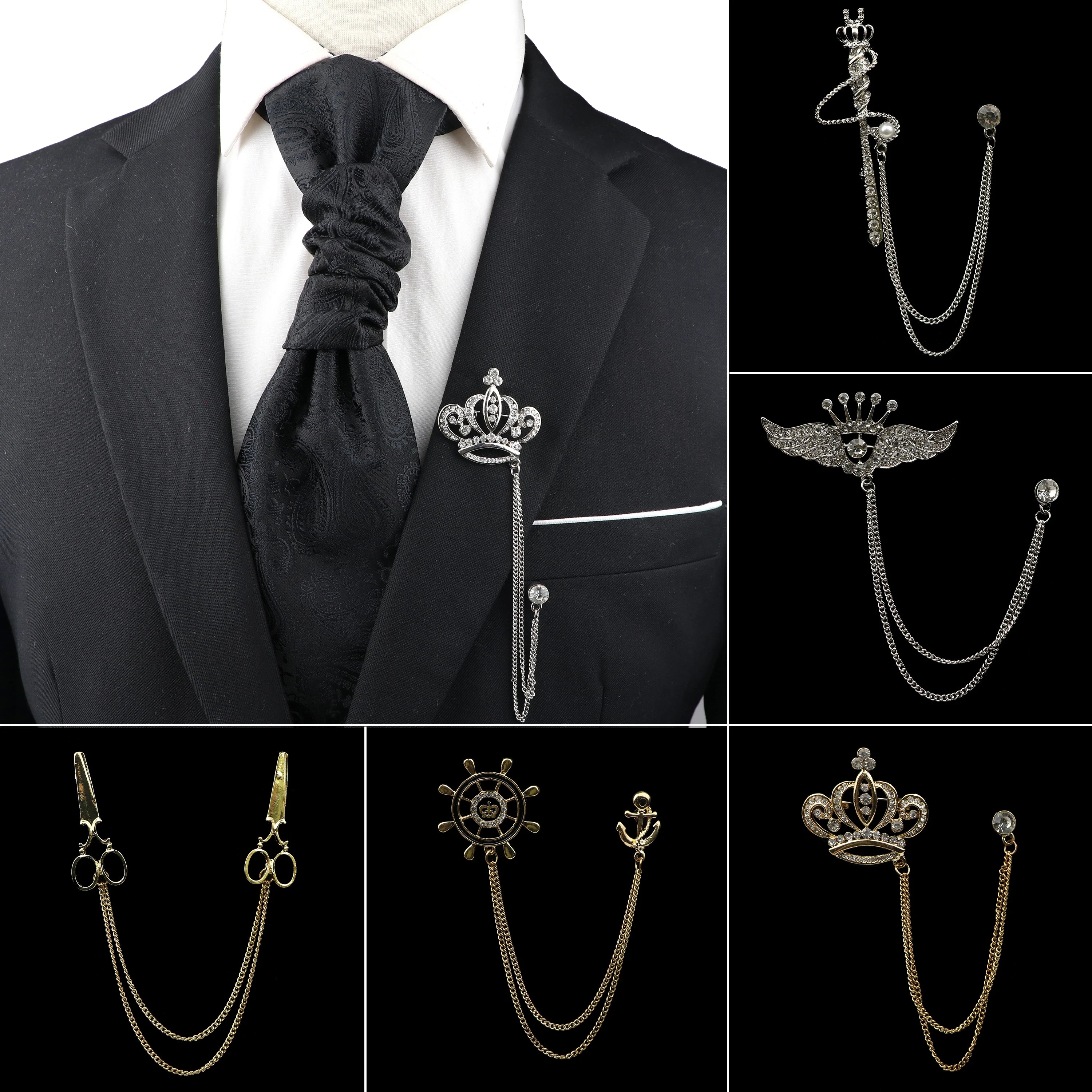 Golden Men Women Tassel Chain Lapel Pin Brooch Wings Crown Sword Scissors Retro Men Gift Wedding Banquet Daily Wear Accessories