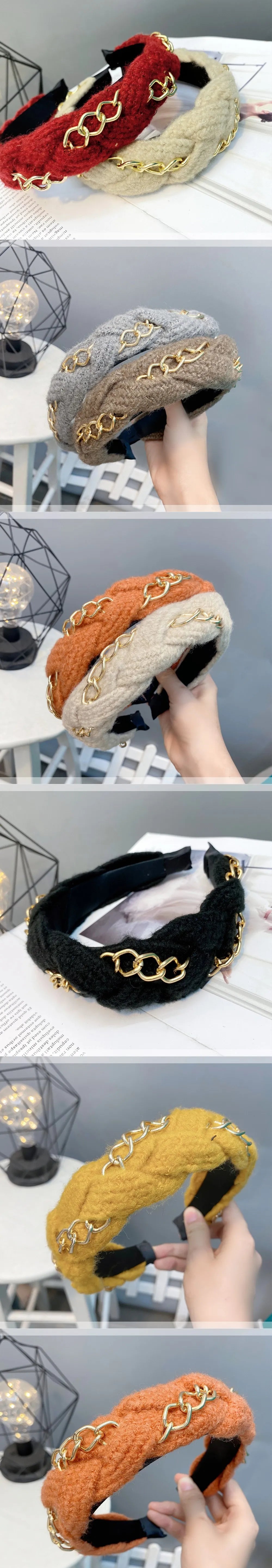 Winter Golden Chain Woolen Headband For Women Korea Handmade Soft Fur Hairband Hot Sale Outdoor Hair Accessories Headwear