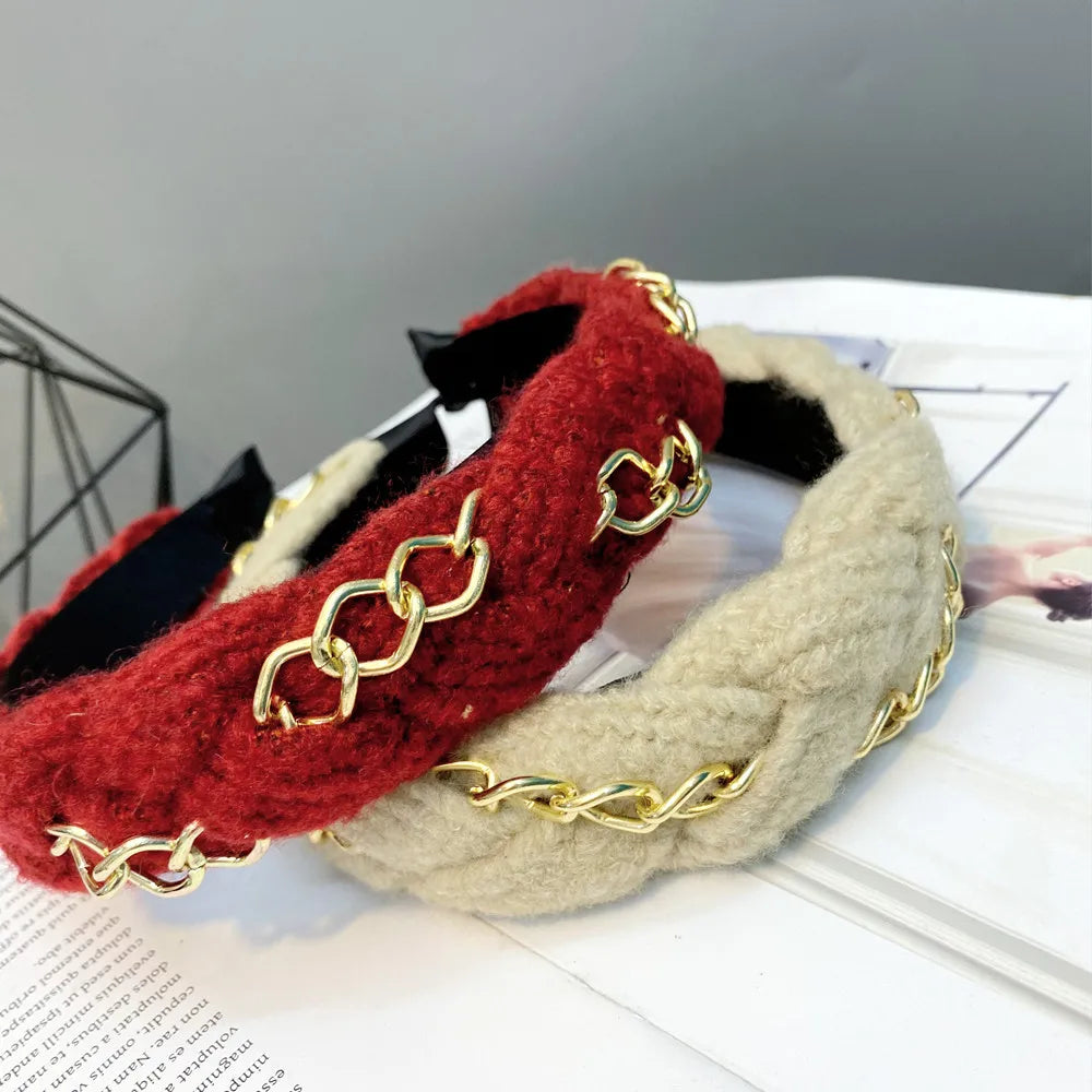 Winter Golden Chain Woolen Headband For Women Korea Handmade Soft Fur Hairband Hot Sale Outdoor Hair Accessories Headwear