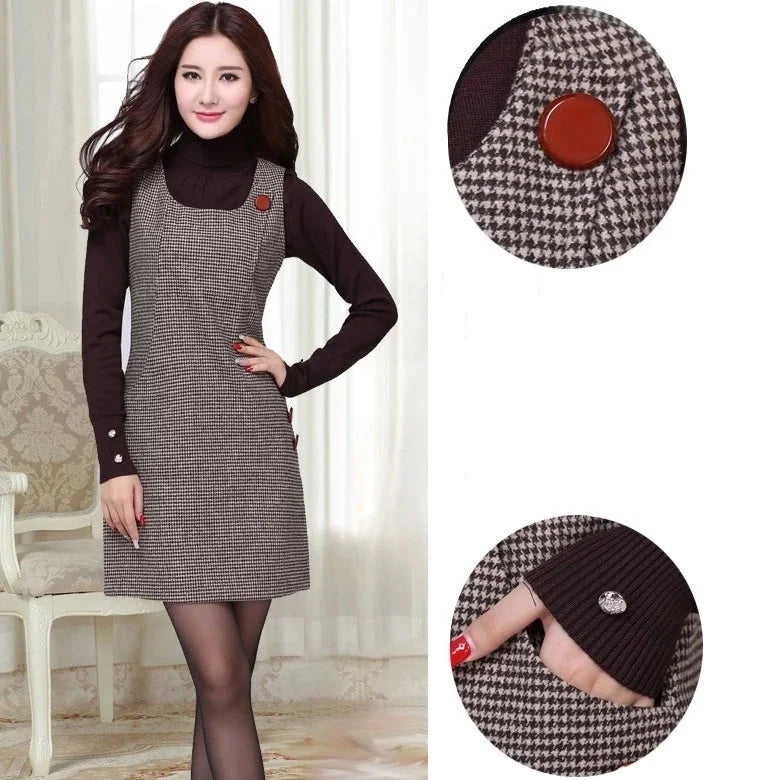 Hot Woolen Dresses Women 2025 Spring Autumn Winter Sleeveless Vest Dress With pocket All-match Lady Plaid Vest Slim Dresses 5XL