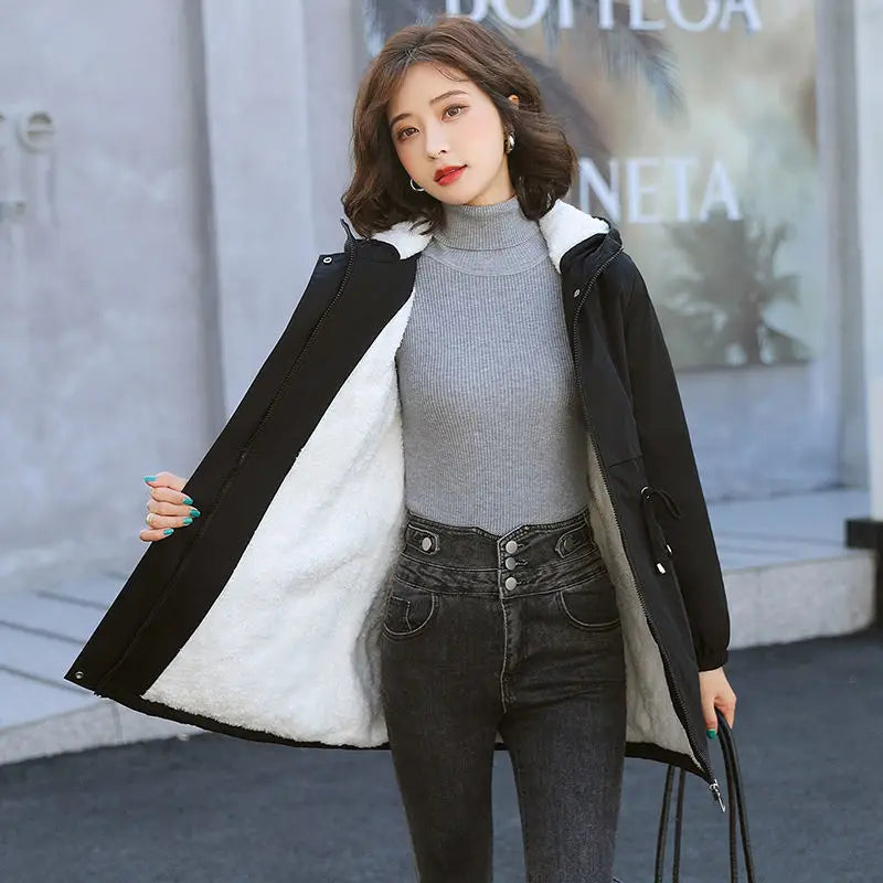 Windbreaker Women Jackets New Winter Mid-Length Loose Coat Hooded Lace-UP Female Jacket Plus Velvet Warm Outwear Ladies Outcoat