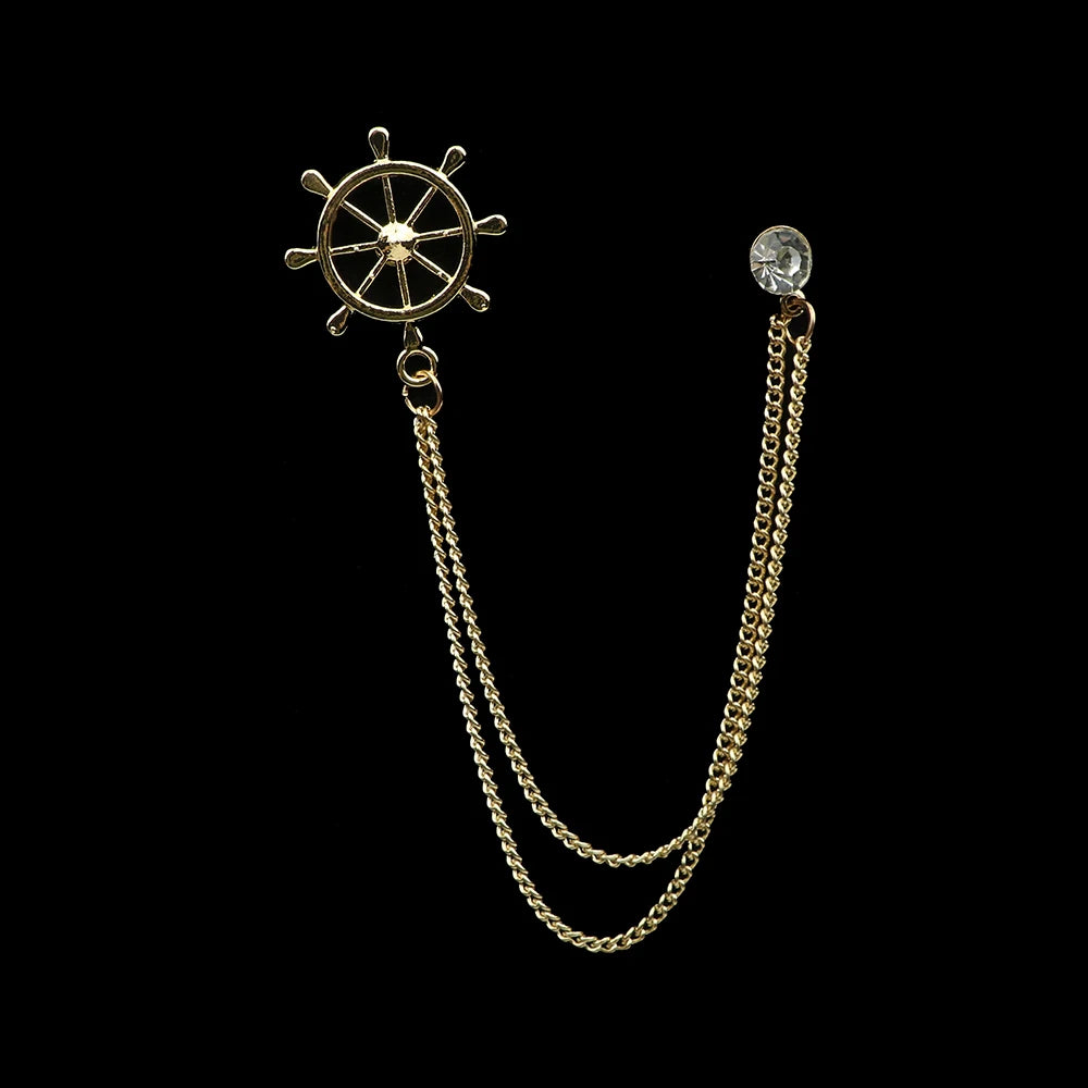 Golden Men Women Tassel Chain Lapel Pin Brooch Wings Crown Sword Scissors Retro Men Gift Wedding Banquet Daily Wear Accessories