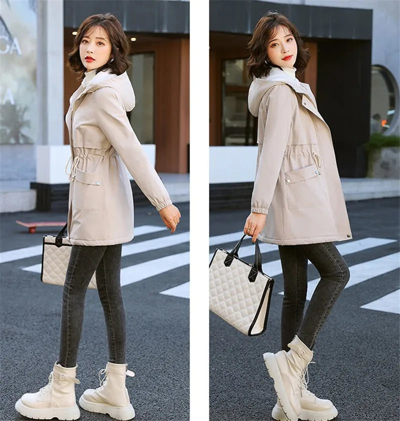 Windbreaker Women Jackets New Winter Mid-Length Loose Coat Hooded Lace-UP Female Jacket Plus Velvet Warm Outwear Ladies Outcoat