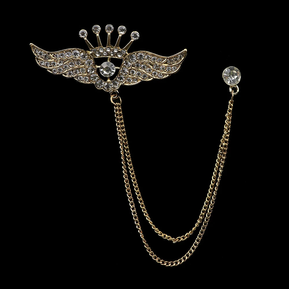 Golden Men Women Tassel Chain Lapel Pin Brooch Wings Crown Sword Scissors Retro Men Gift Wedding Banquet Daily Wear Accessories