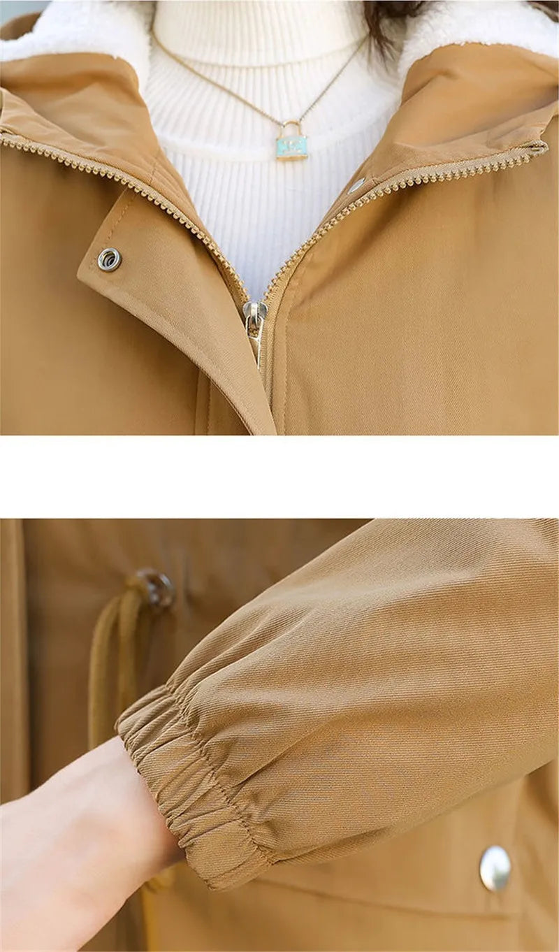 Windbreaker Women Jackets New Winter Mid-Length Loose Coat Hooded Lace-UP Female Jacket Plus Velvet Warm Outwear Ladies Outcoat