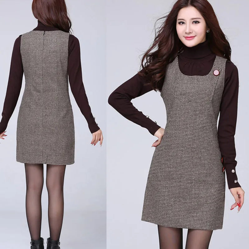 Hot Woolen Dresses Women 2025 Spring Autumn Winter Sleeveless Vest Dress With pocket All-match Lady Plaid Vest Slim Dresses 5XL