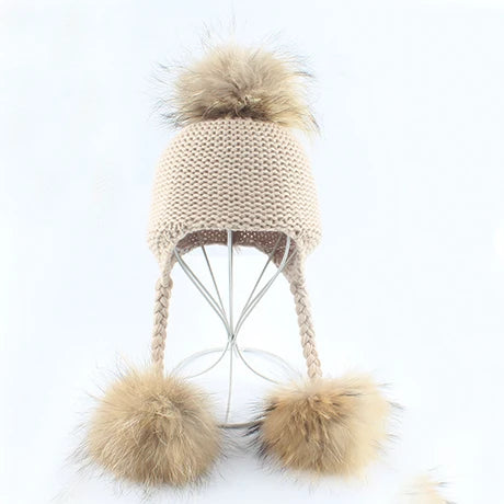 Winter Hat For Kids Real Mink Raccoon Fur Pompom Hat Children Wool Knitted Girls Boys Cap Baby Earflap Skullies Beanies