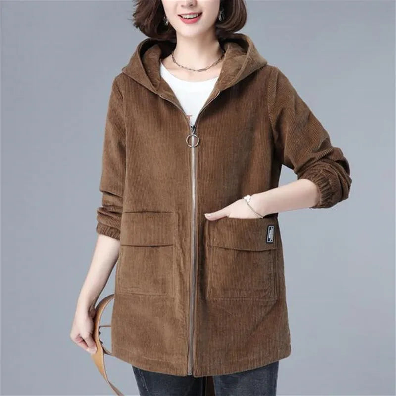 Corduroy Jacket For Women Autumn New Korean 5XL Casual Hooded Middle-aged Mother Windbreaker Coat  2189