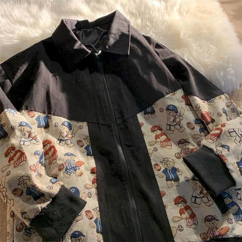 Woman Jacket Design Sense Niche Stitching Bear Print Jacket Men Women Spring Autumn Loose Retro Baseball Uniform Cardigan Ins