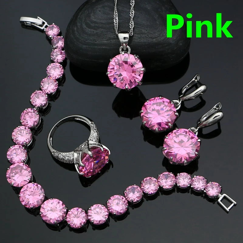 Punk Silver Jewellery Silver 925 Jewelry Sets for Women Black Cubic Zirconia Earrings/Pendant/Necklace/Ring/Bracelet