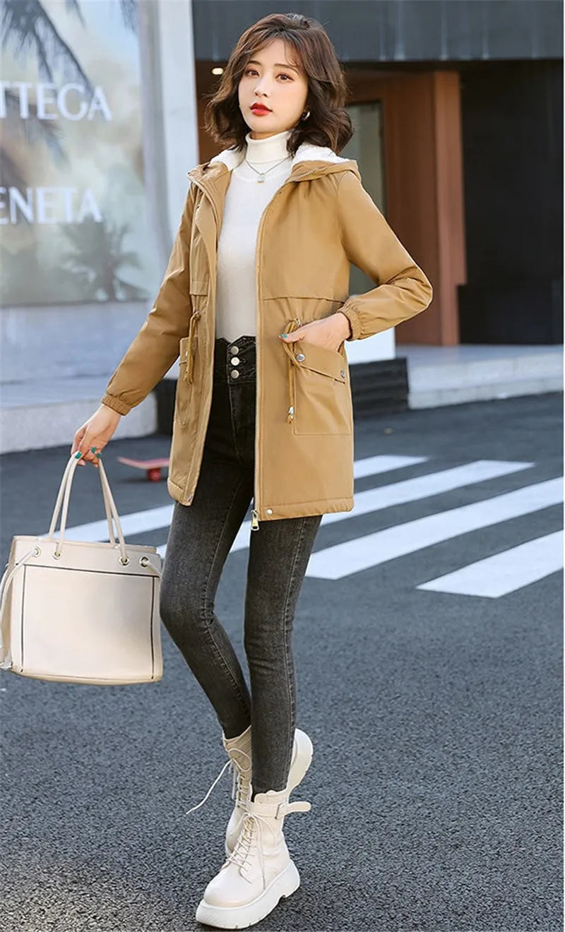 Windbreaker Women Jackets New Winter Mid-Length Loose Coat Hooded Lace-UP Female Jacket Plus Velvet Warm Outwear Ladies Outcoat