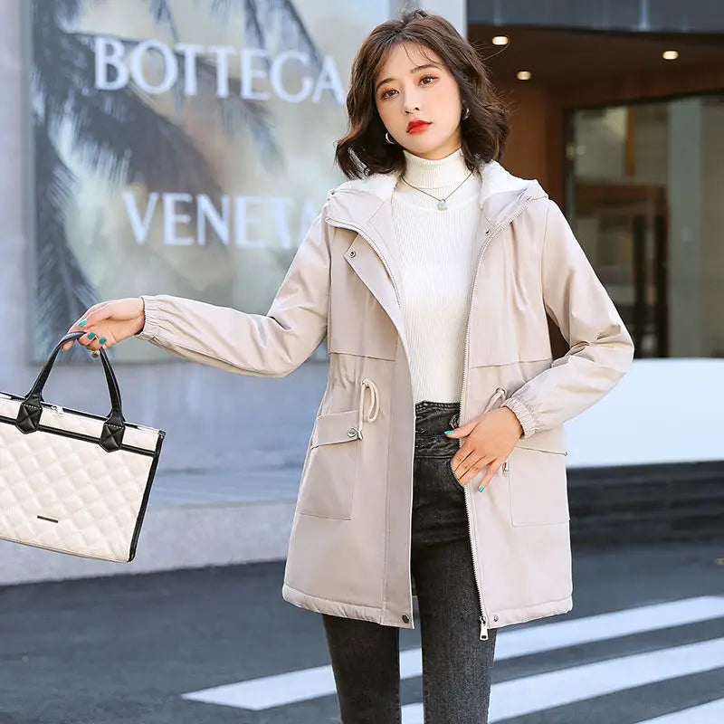 Windbreaker Women Jackets New Winter Mid-Length Loose Coat Hooded Lace-UP Female Jacket Plus Velvet Warm Outwear Ladies Outcoat