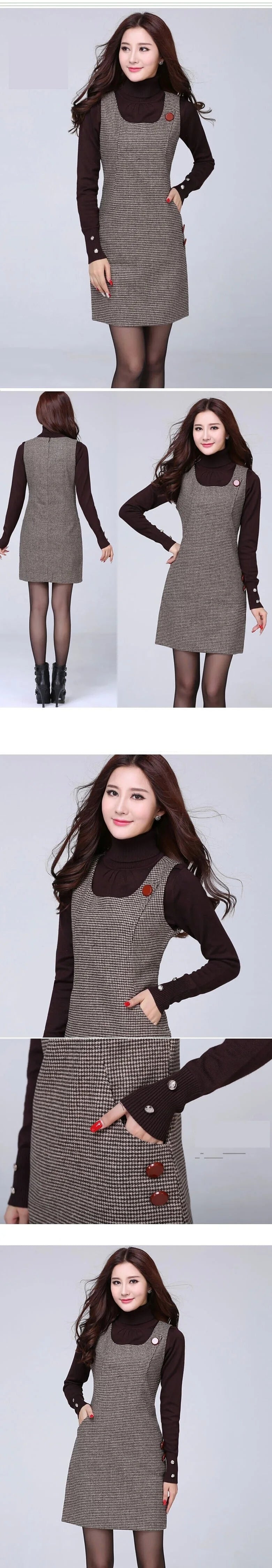 Hot Woolen Dresses Women 2025 Spring Autumn Winter Sleeveless Vest Dress With pocket All-match Lady Plaid Vest Slim Dresses 5XL