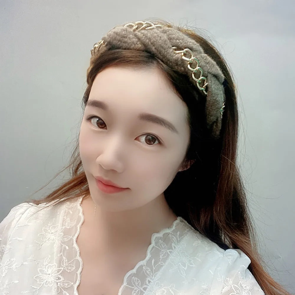 Winter Golden Chain Woolen Headband For Women Korea Handmade Soft Fur Hairband Hot Sale Outdoor Hair Accessories Headwear