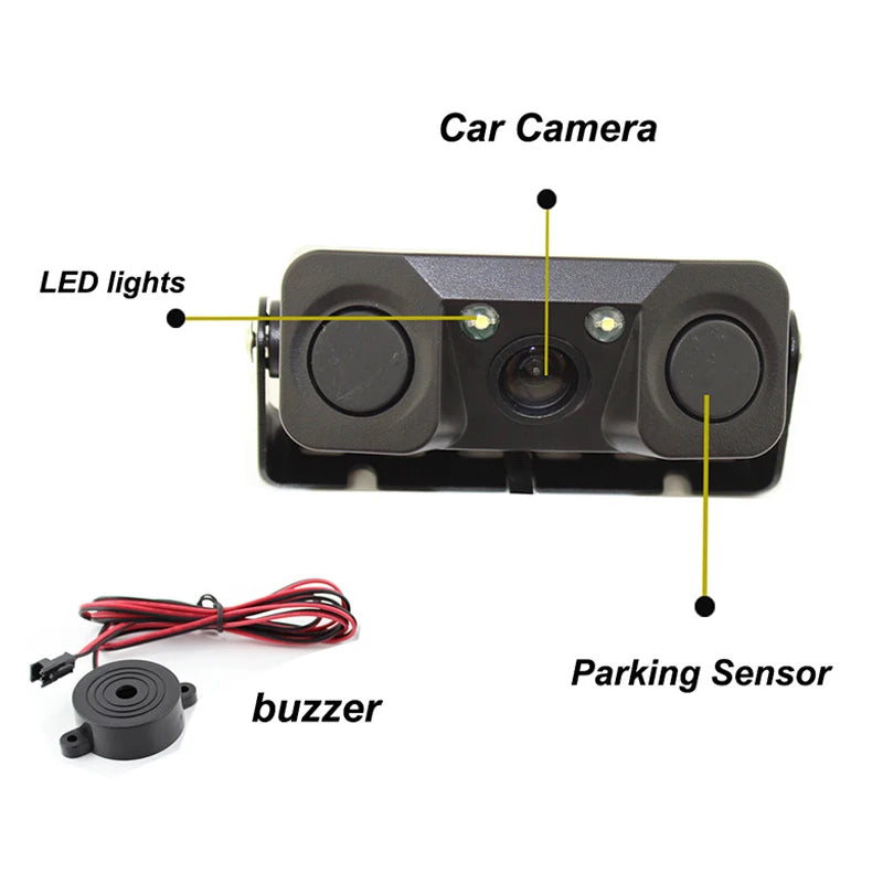 HD Car Rear View Camera 3 in 1 Parking Radar Detector Sensor Waterproof Night Vision LED Light