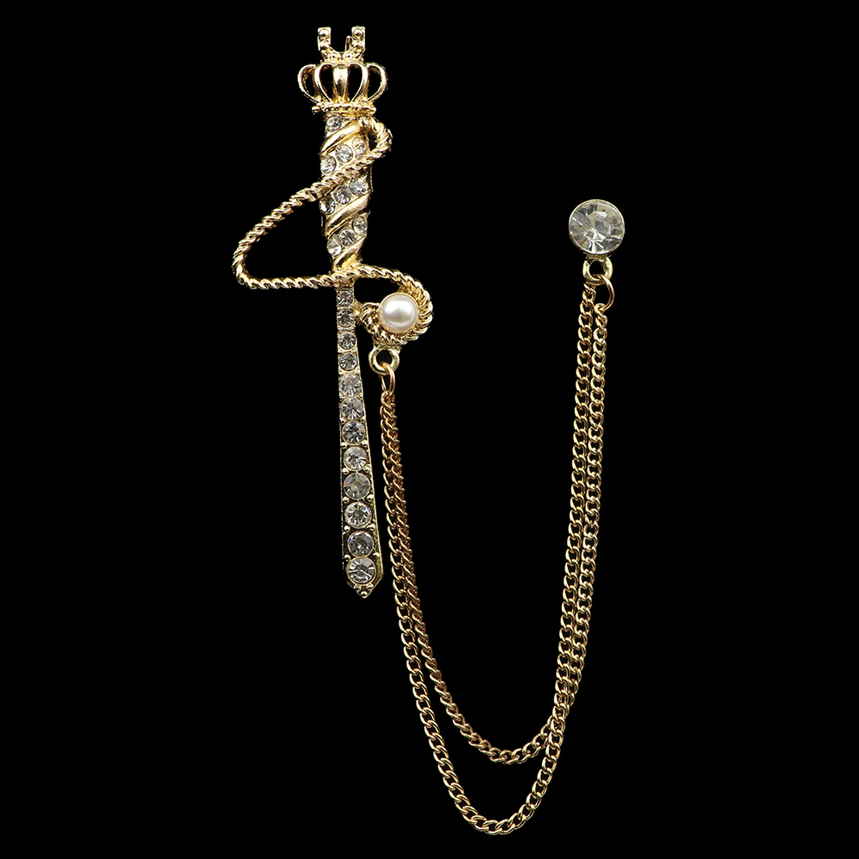 Golden Men Women Tassel Chain Lapel Pin Brooch Wings Crown Sword Scissors Retro Men Gift Wedding Banquet Daily Wear Accessories