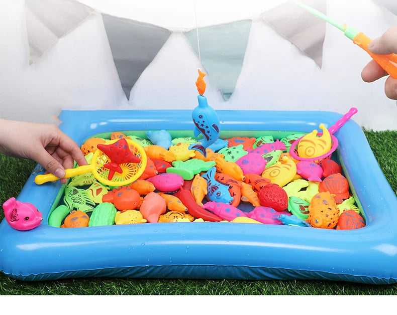 Kids' Fishing Toy Set Play Water Toys for Baby Magnetic Rod and Fish with Inflatable Pool Outdoor Sport Toys for Children