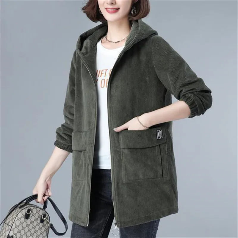 Corduroy Jacket For Women Autumn New Korean 5XL Casual Hooded Middle-aged Mother Windbreaker Coat  2189