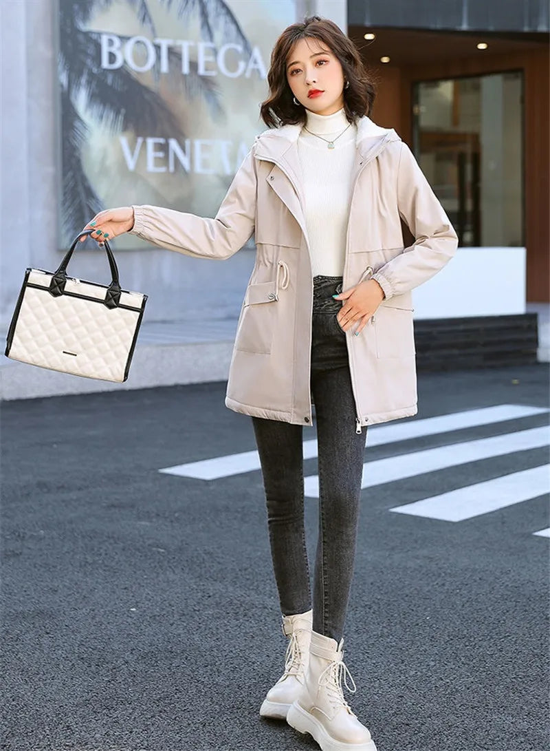 Windbreaker Women Jackets New Winter Mid-Length Loose Coat Hooded Lace-UP Female Jacket Plus Velvet Warm Outwear Ladies Outcoat