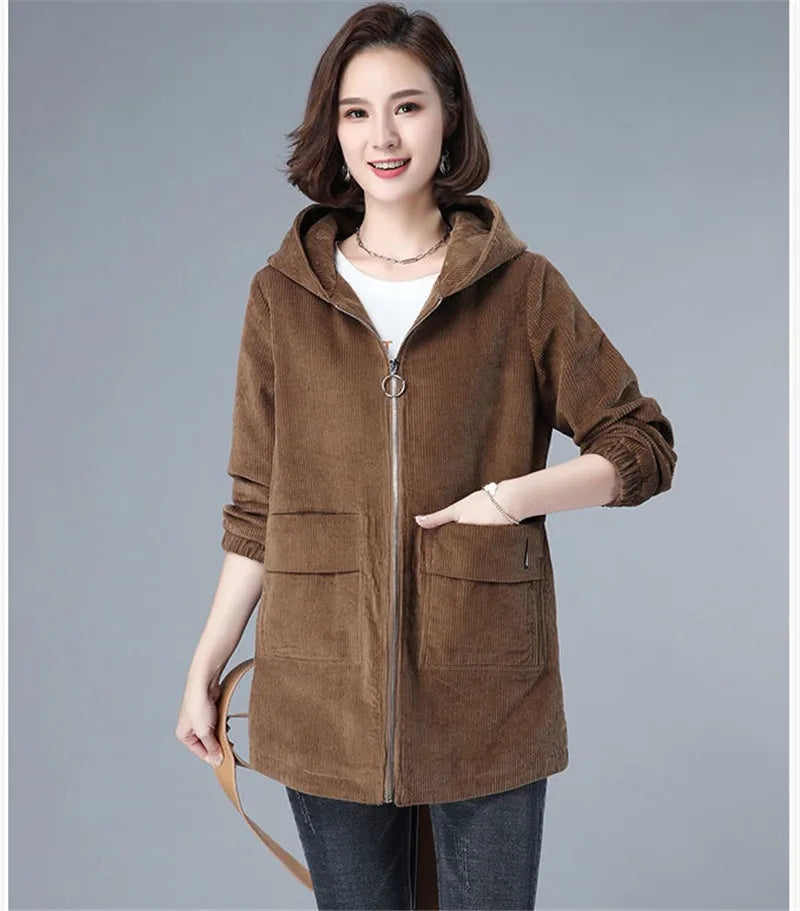 Corduroy Jacket For Women Autumn New Korean 5XL Casual Hooded Middle-aged Mother Windbreaker Coat  2189