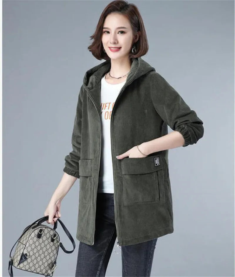 Corduroy Jacket For Women Autumn New Korean 5XL Casual Hooded Middle-aged Mother Windbreaker Coat  2189