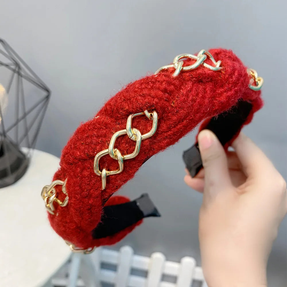 Winter Golden Chain Woolen Headband For Women Korea Handmade Soft Fur Hairband Hot Sale Outdoor Hair Accessories Headwear