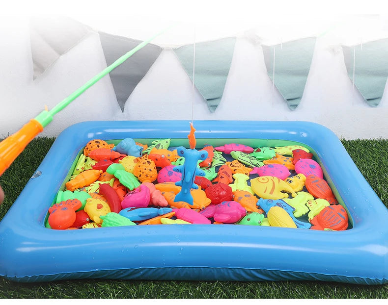 Kids' Fishing Toy Set Play Water Toys for Baby Magnetic Rod and Fish with Inflatable Pool Outdoor Sport Toys for Children