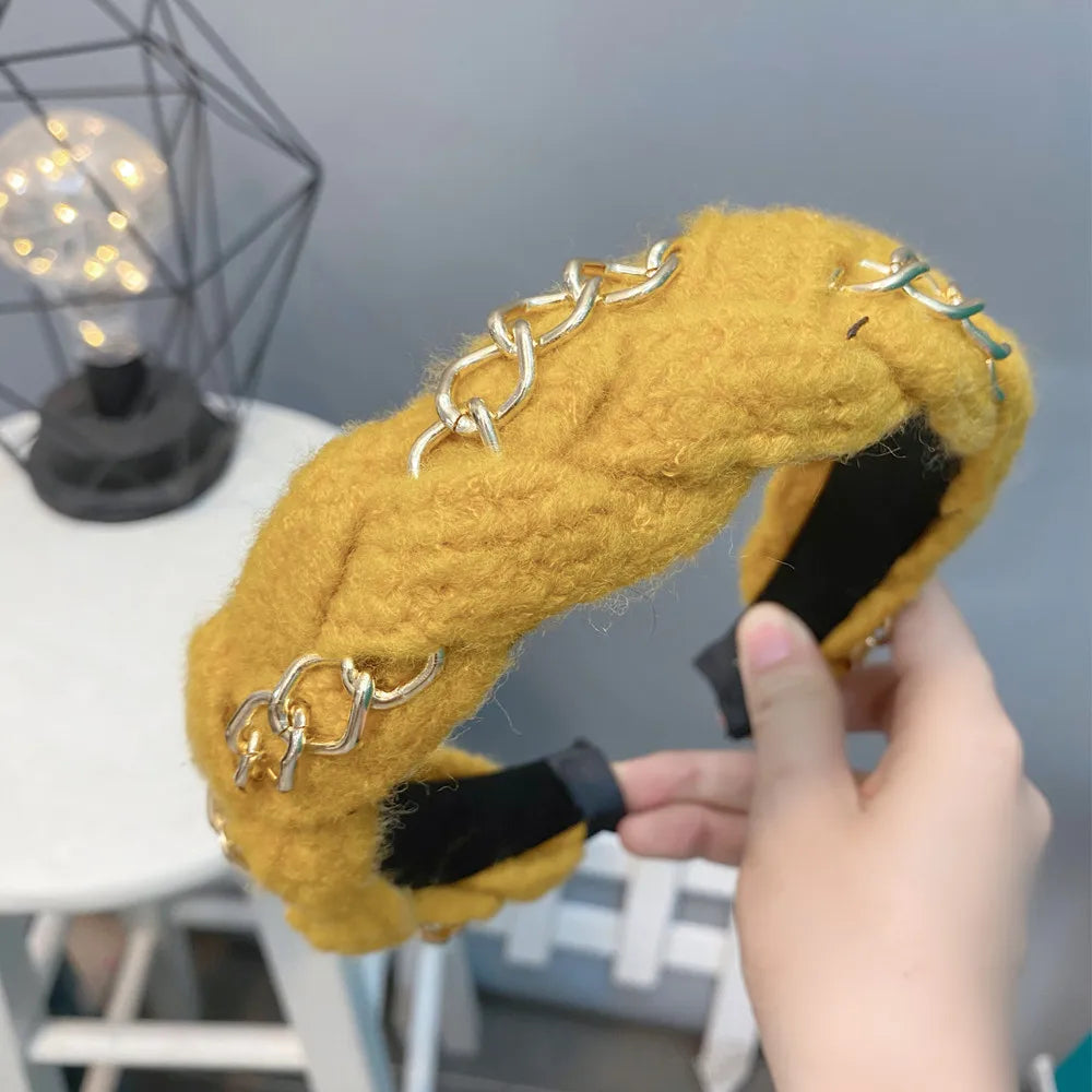 Winter Golden Chain Woolen Headband For Women Korea Handmade Soft Fur Hairband Hot Sale Outdoor Hair Accessories Headwear