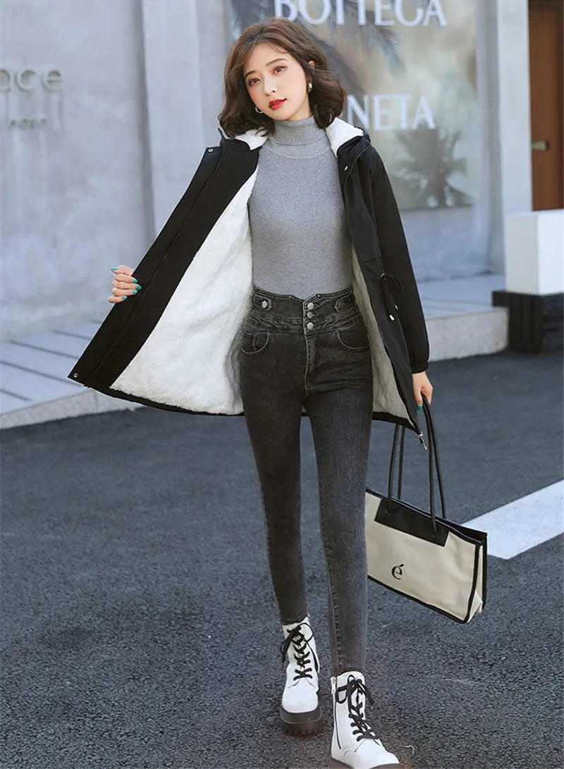 Windbreaker Women Jackets New Winter Mid-Length Loose Coat Hooded Lace-UP Female Jacket Plus Velvet Warm Outwear Ladies Outcoat