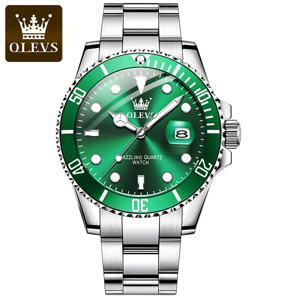 OLEVS Top Brand Men's Watch Quartz Stainless Steel Green Watches for Men Luxury Business Luminous Waterproof Wristwatch Reloj