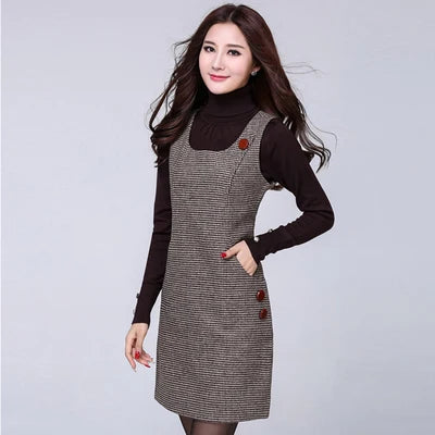 Hot Woolen Dresses Women 2025 Spring Autumn Winter Sleeveless Vest Dress With pocket All-match Lady Plaid Vest Slim Dresses 5XL
