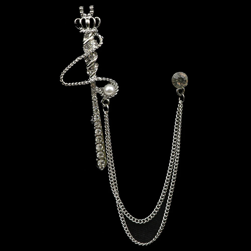 Golden Men Women Tassel Chain Lapel Pin Brooch Wings Crown Sword Scissors Retro Men Gift Wedding Banquet Daily Wear Accessories