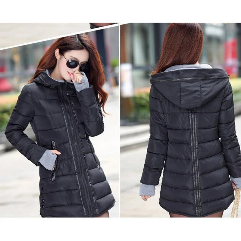 Warm Winter Jackets for Women Fashion cotton padded Parkas Casual Hooded Long Coat Thicken Zipper Slim Fit Plus Size Long Parka
