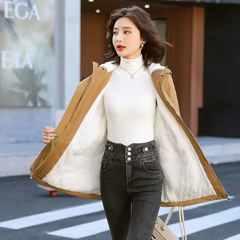 Windbreaker Women Jackets New Winter Mid-Length Loose Coat Hooded Lace-UP Female Jacket Plus Velvet Warm Outwear Ladies Outcoat
