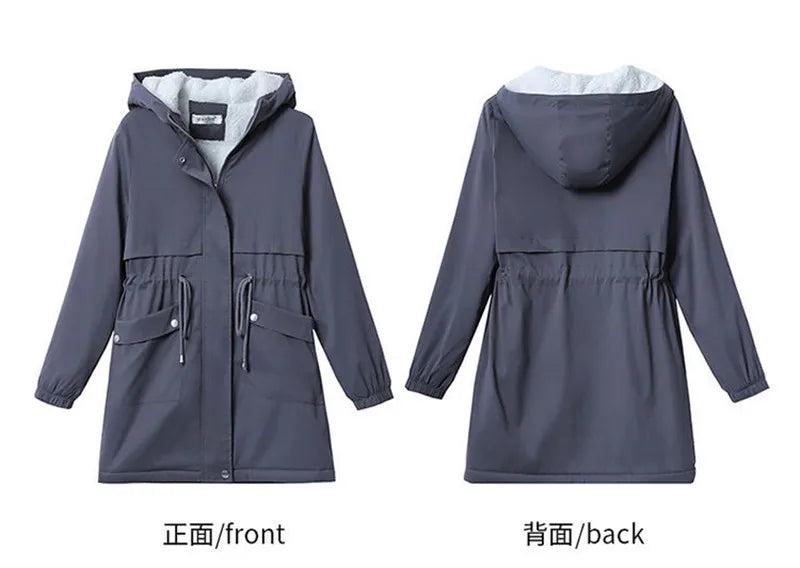 Windbreaker Women Jackets New Winter Mid-Length Loose Coat Hooded Lace-UP Female Jacket Plus Velvet Warm Outwear Ladies Outcoat