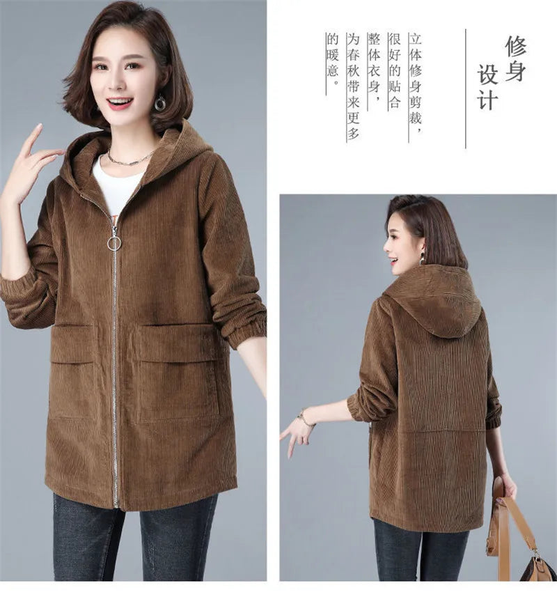 Corduroy Jacket For Women Autumn New Korean 5XL Casual Hooded Middle-aged Mother Windbreaker Coat  2189