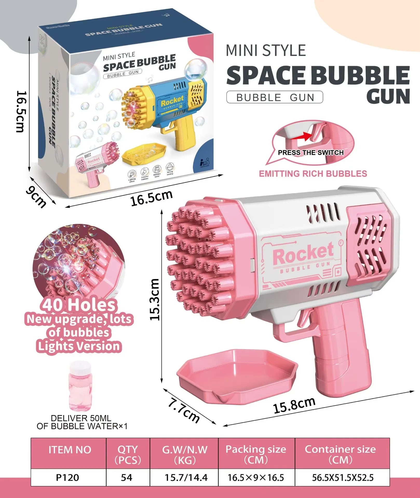 Unisex Summer Outdoor Electric 40 Holes Rocket Automatic Soap Bubble Gun Machine ABS Toy Educational for Kids Years Made Plastic