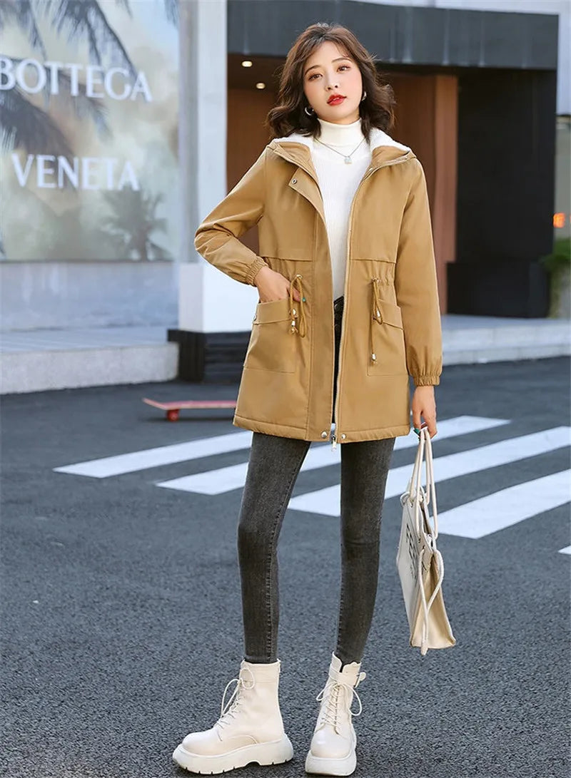 Windbreaker Women Jackets New Winter Mid-Length Loose Coat Hooded Lace-UP Female Jacket Plus Velvet Warm Outwear Ladies Outcoat